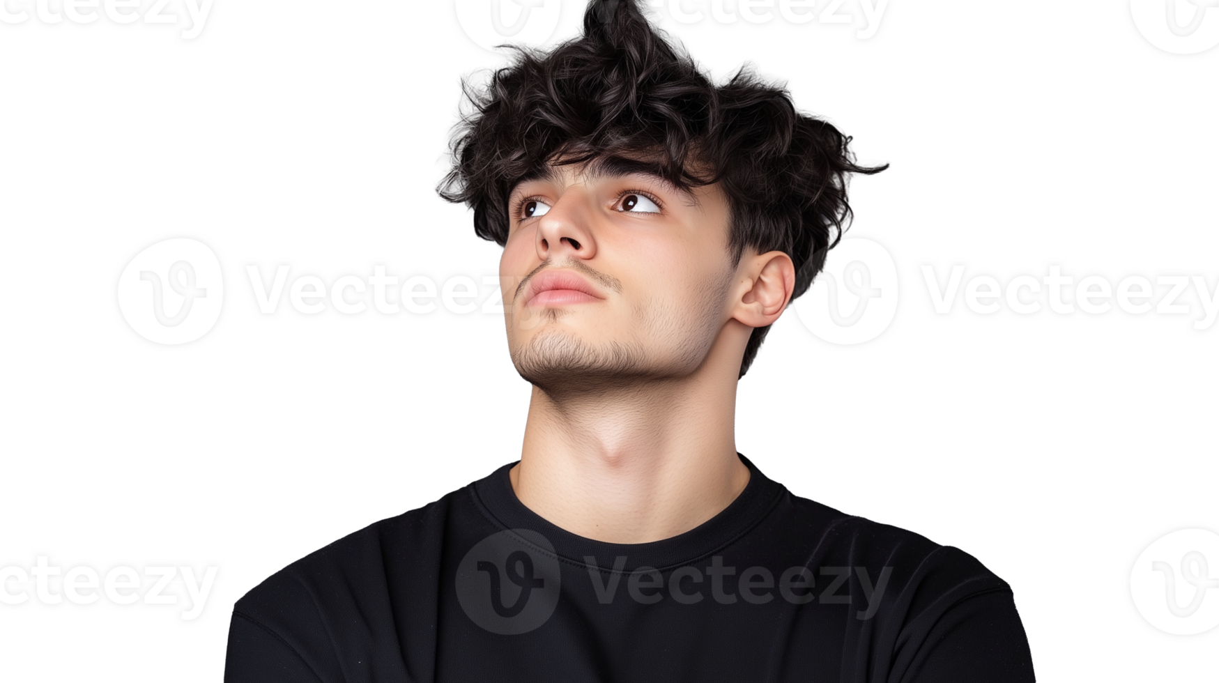 Young man looking upward with confident expression on transparent background png