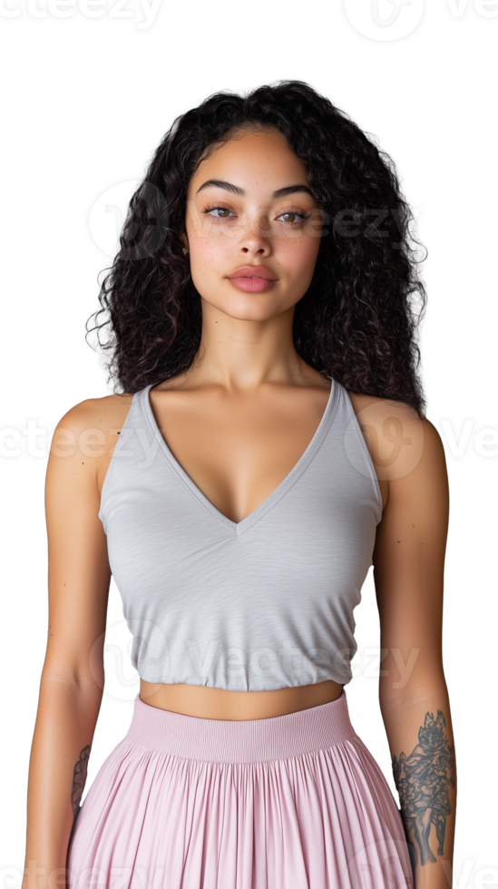 Young woman in casual outfit with transparent background showcasing modern fashion style png