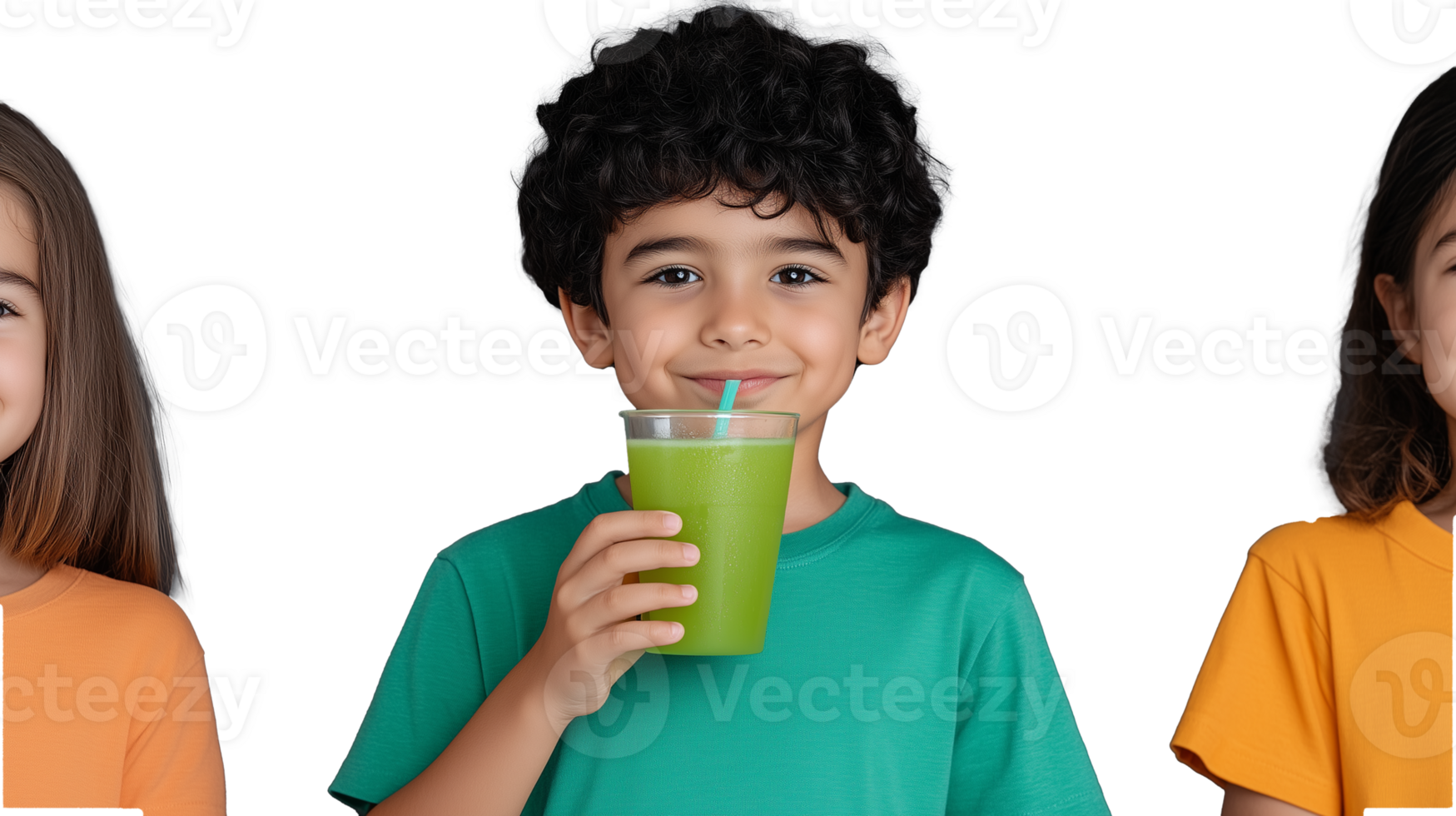 Child Smiling with Green Drink in Hand on Transparent Background png
