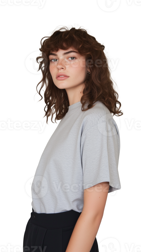Stylish woman in gray t-shirt with transparent background for fashion design png
