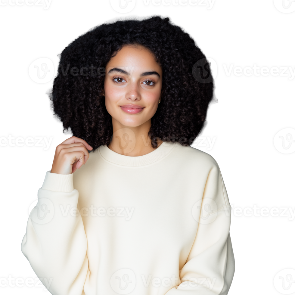 Smiling woman in cream sweater with transparent background png