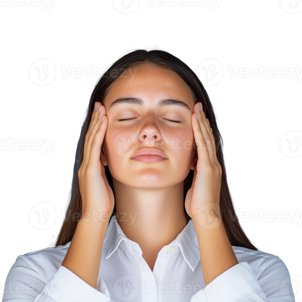 Woman with closed eyes and hands on face expressing calmness, transparent background png