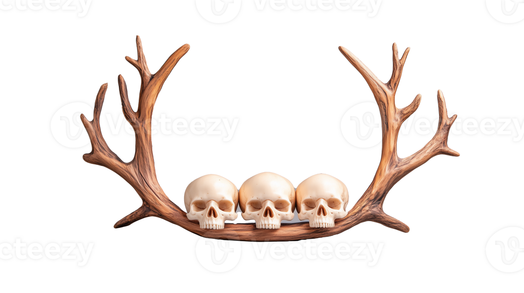 Antler Display with Three Skulls on Transparent Background png