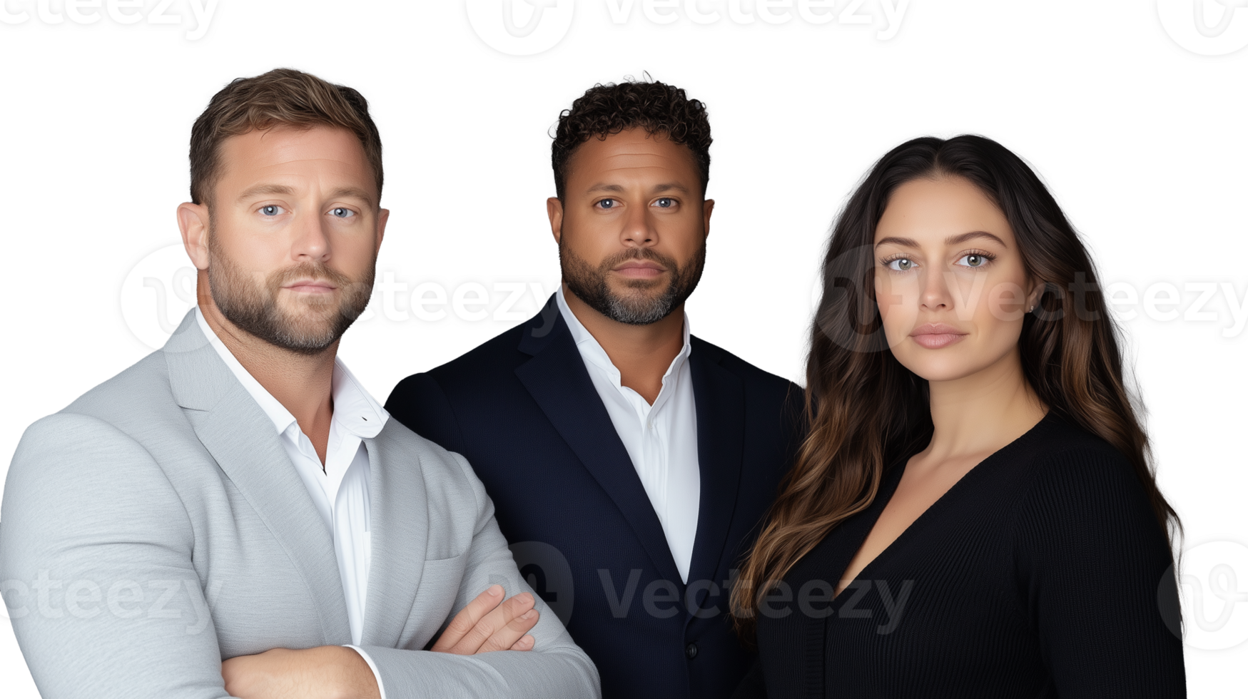Professional group portrait of three individuals with transparent background png