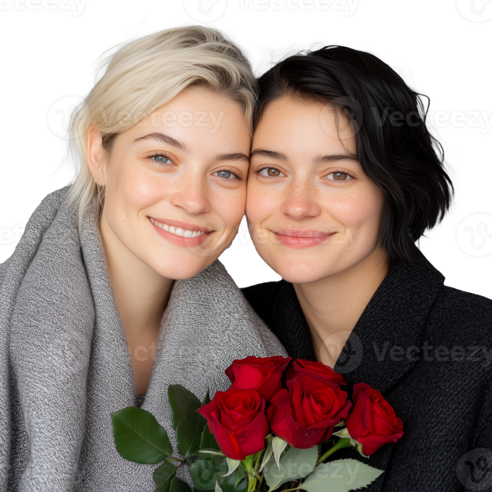 Two smiling women holding red roses with transparent background png