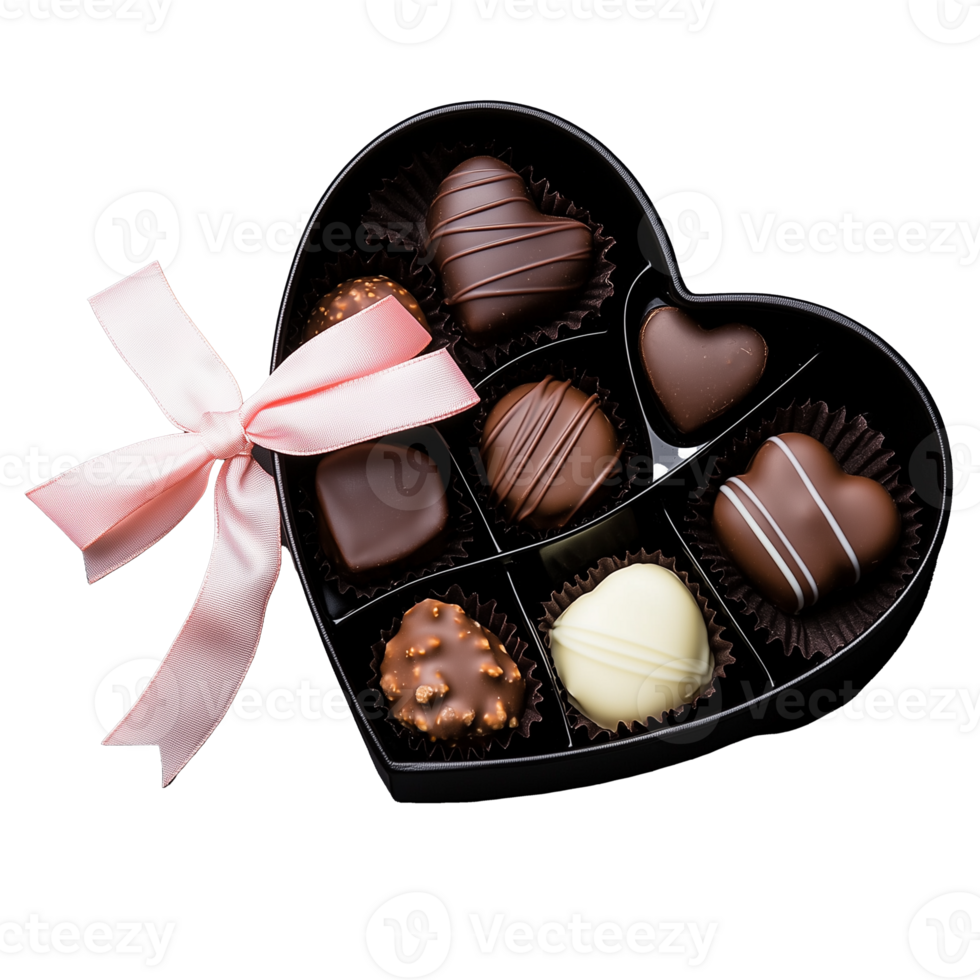 Heart-shaped chocolate box with assorted sweets on transparent background png
