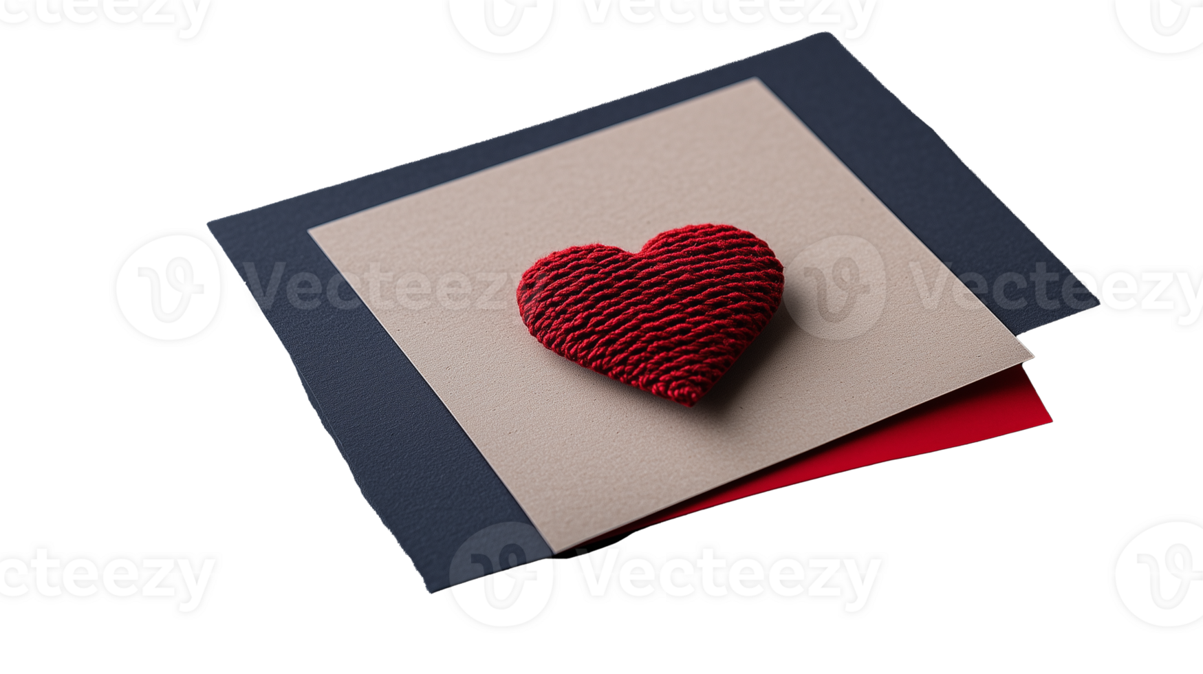 Red knitted heart on textured card with transparent background png