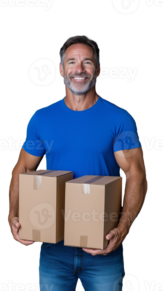 Smiling man holding two cardboard boxes with transparent background png