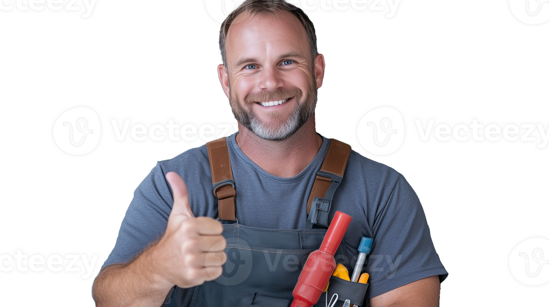 Skilled handyman giving thumbs up with tools in pockets transparent background png