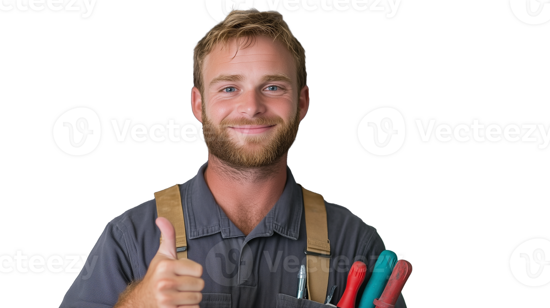 Skilled tradesman giving thumbs up with tools, transparent background png
