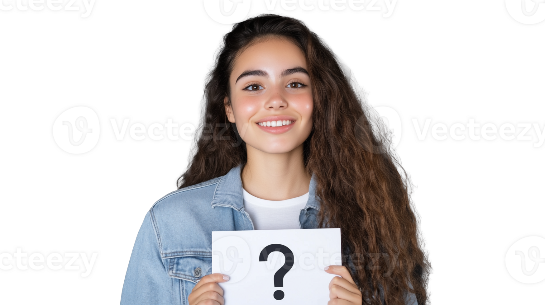 Smiling young woman holding a question mark sign on transparent background png