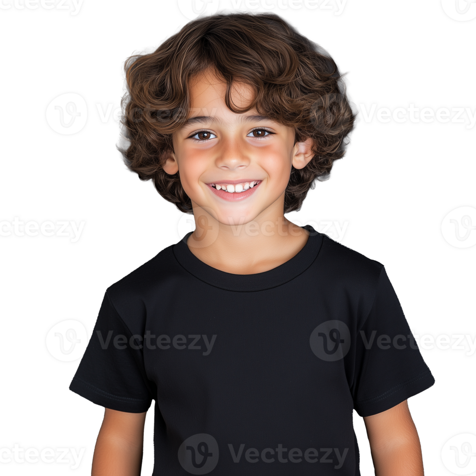 Smiling child portrait with curly hair on transparent background png