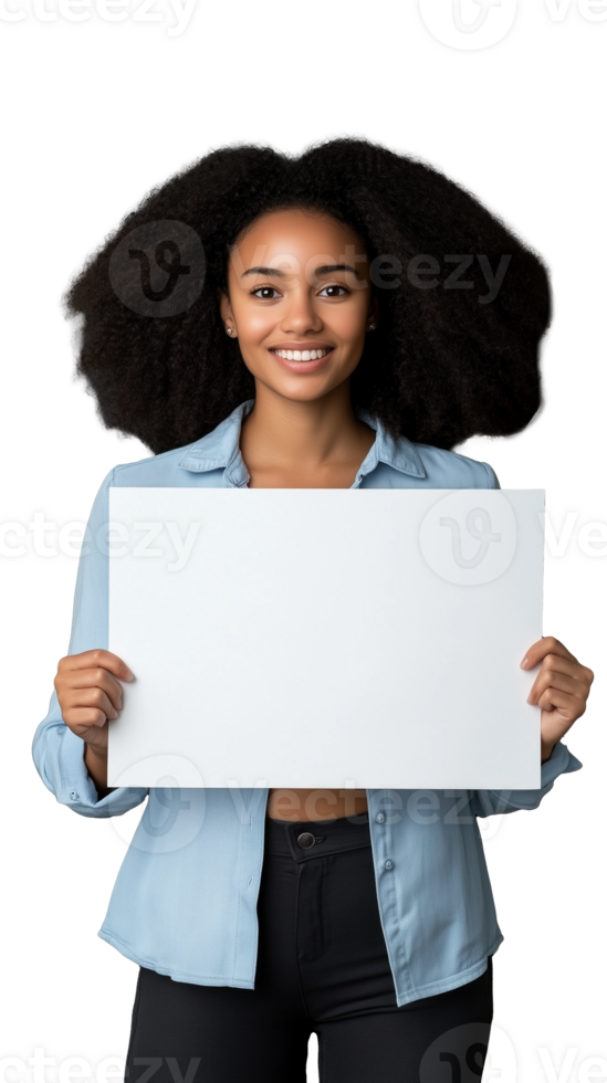 Smiling woman holding a blank sign on transparent background png