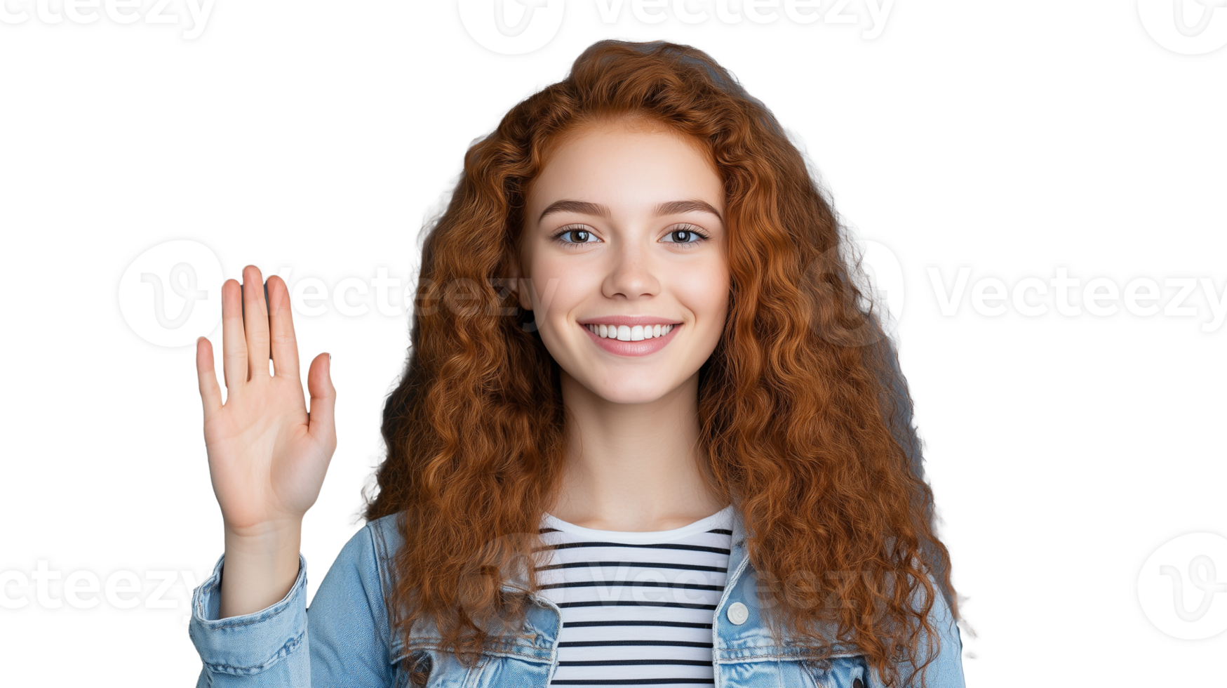 Smiling young woman waving hand with transparent background for versatile use png
