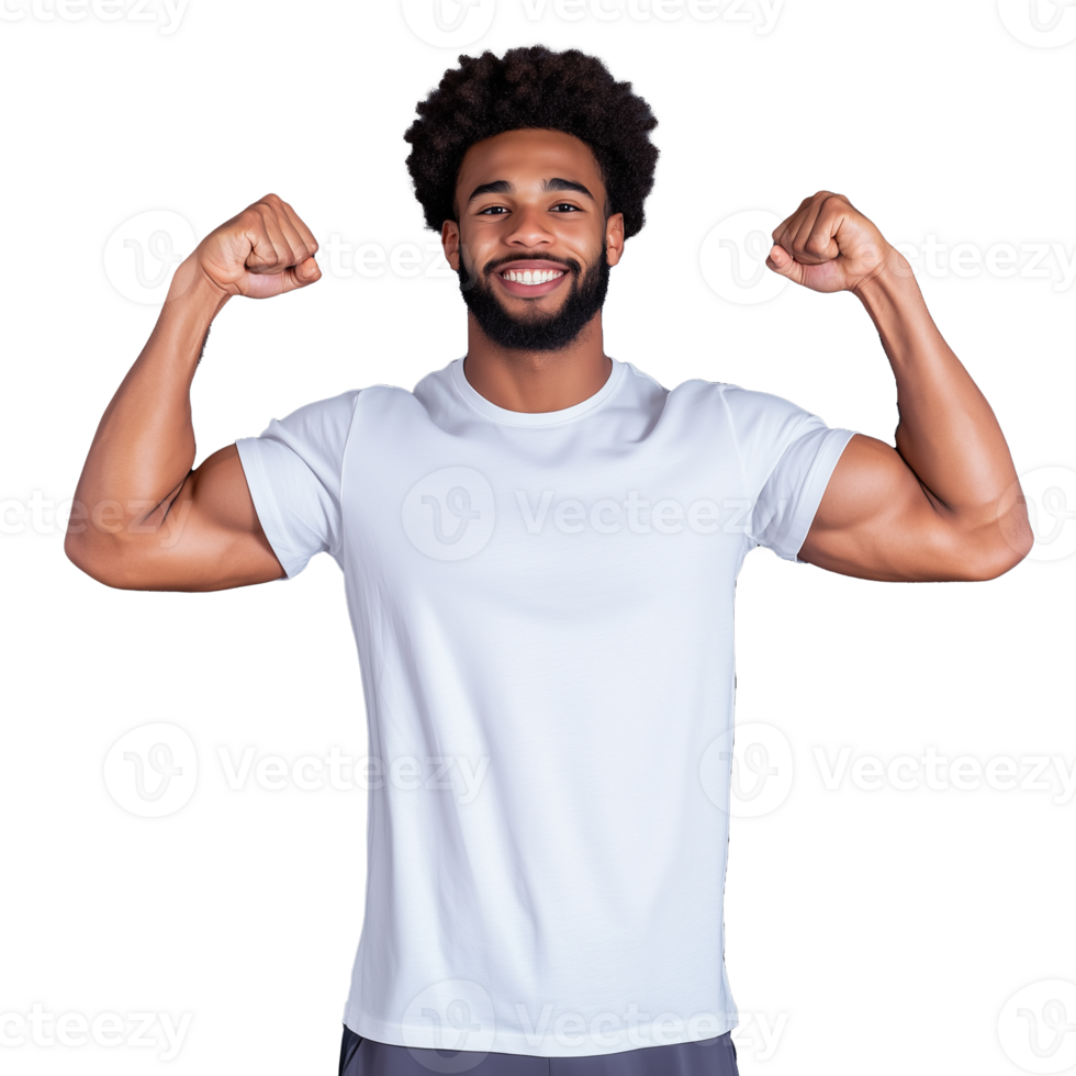 Strong man flexing muscles with transparent background for fitness and motivation png