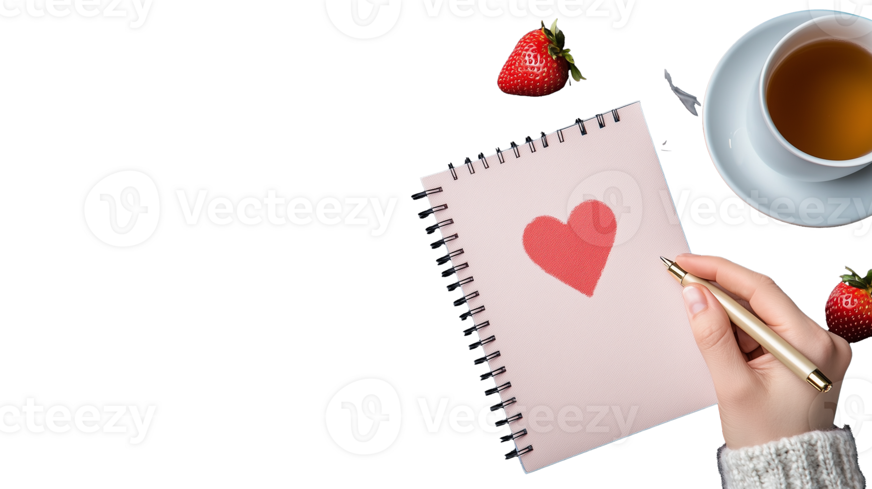 Hand Drawing Heart on Notebook with Strawberries and Tea Transparent Background png