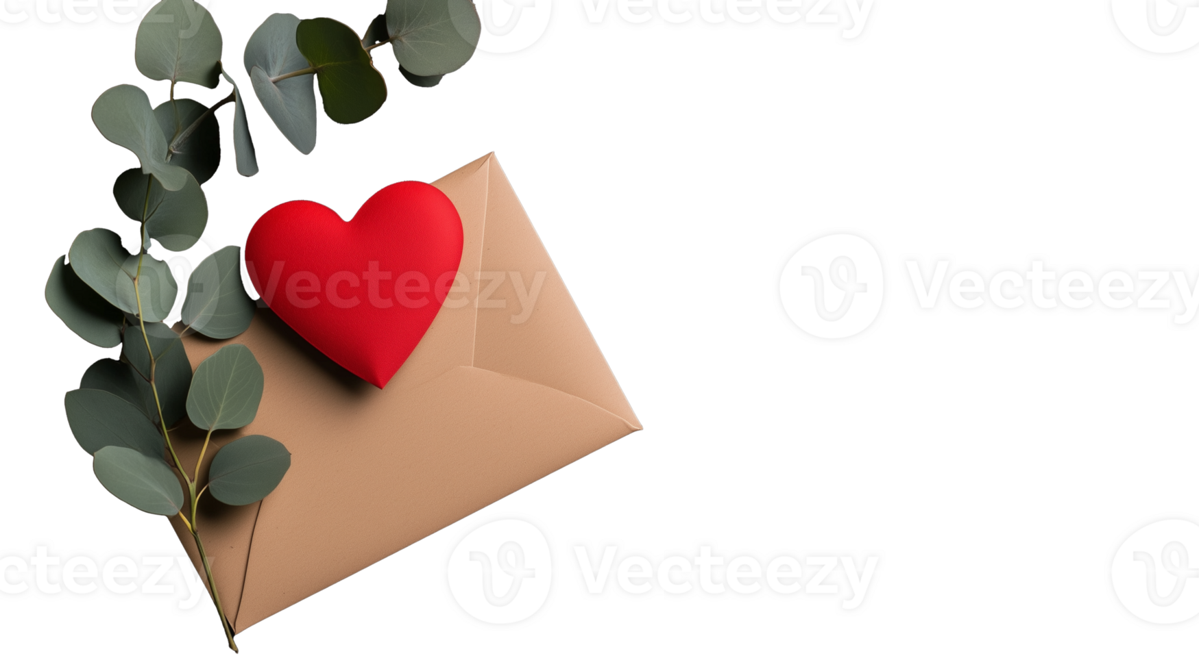 Heart-shaped decoration on envelope with eucalyptus leaves, transparent background png