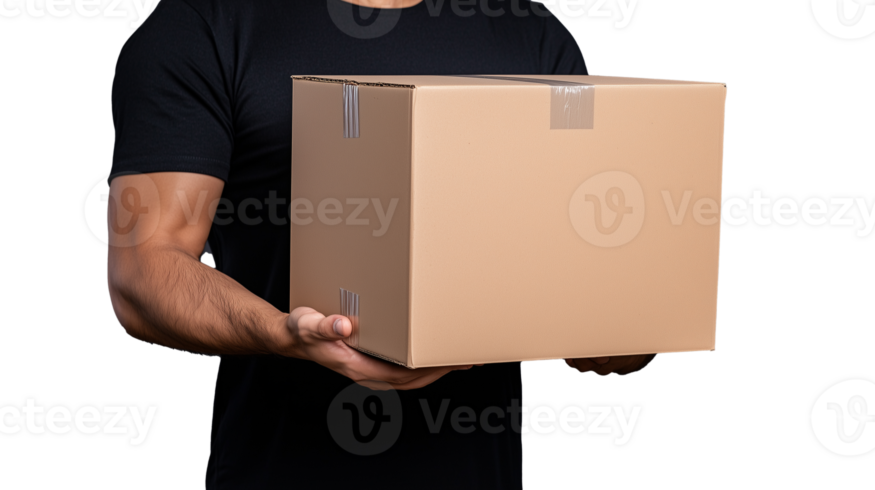 Man holding a cardboard box with transparent background for versatile use png