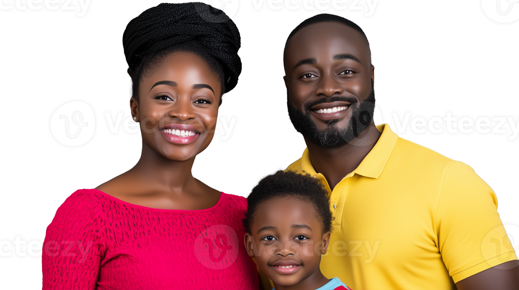 Family portrait with smiling parents and child on transparent background png