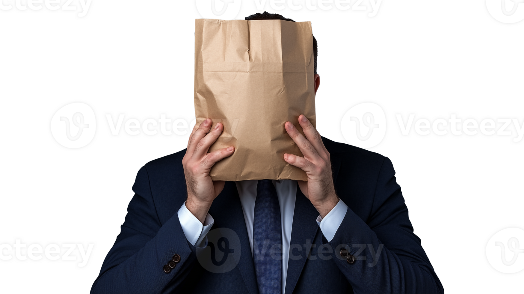 Man Covering Face with Paper Bag on Transparent Background png