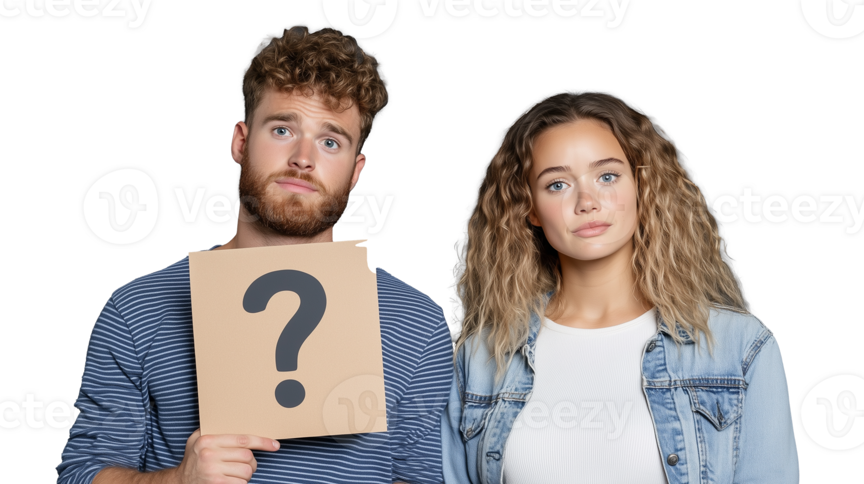 Confused young couple holding question mark sign with transparent background png