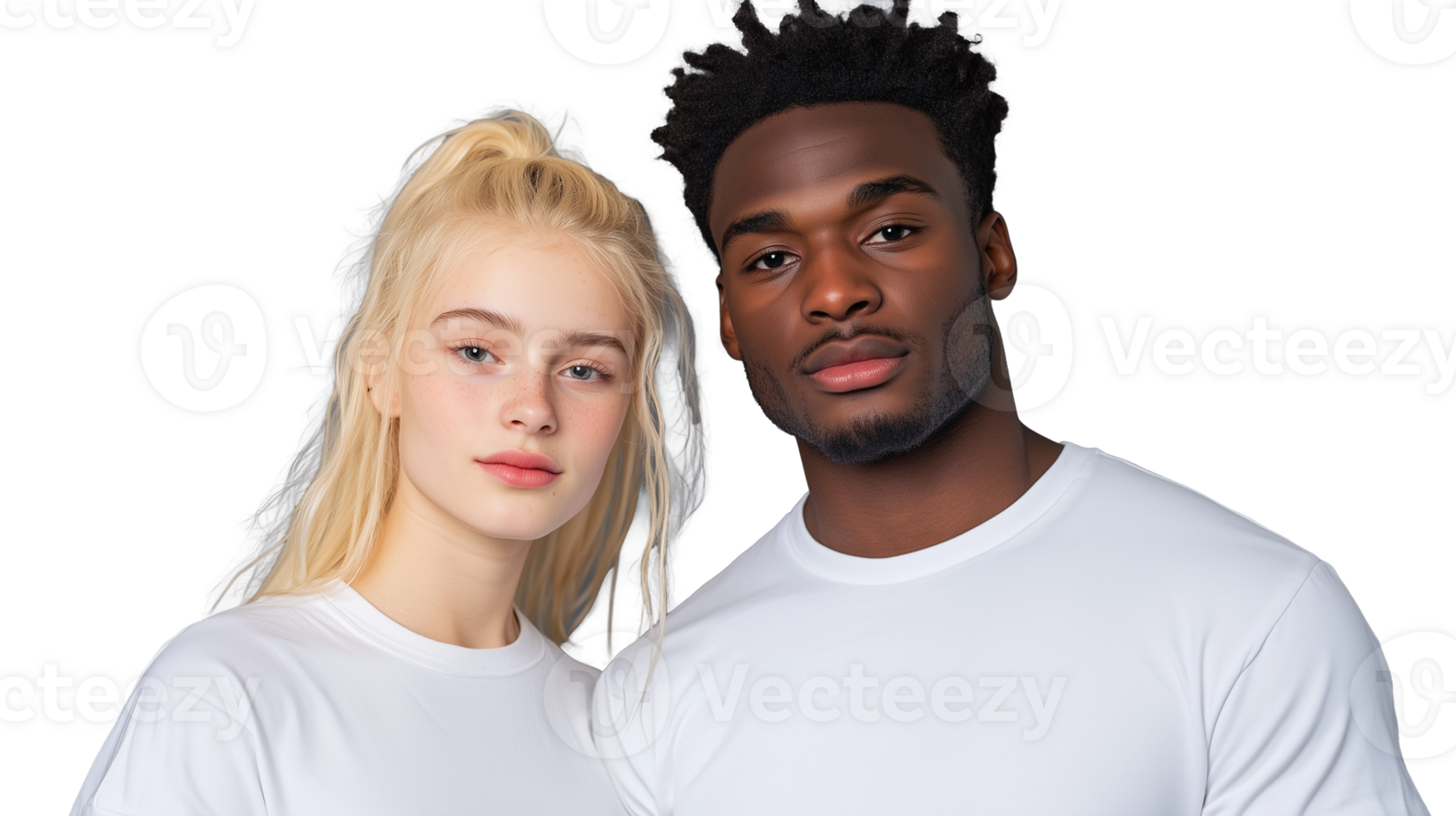 Young couple portrait with neutral expressions on transparent background png