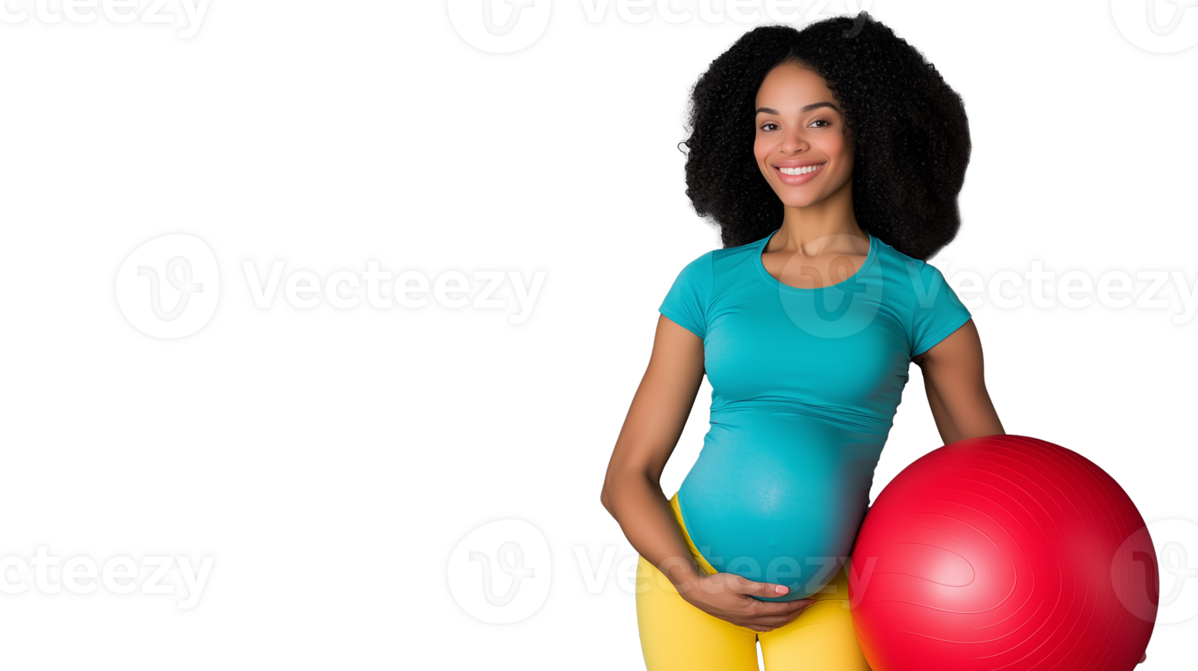 Pregnant woman in teal top holding red exercise ball with transparent background png