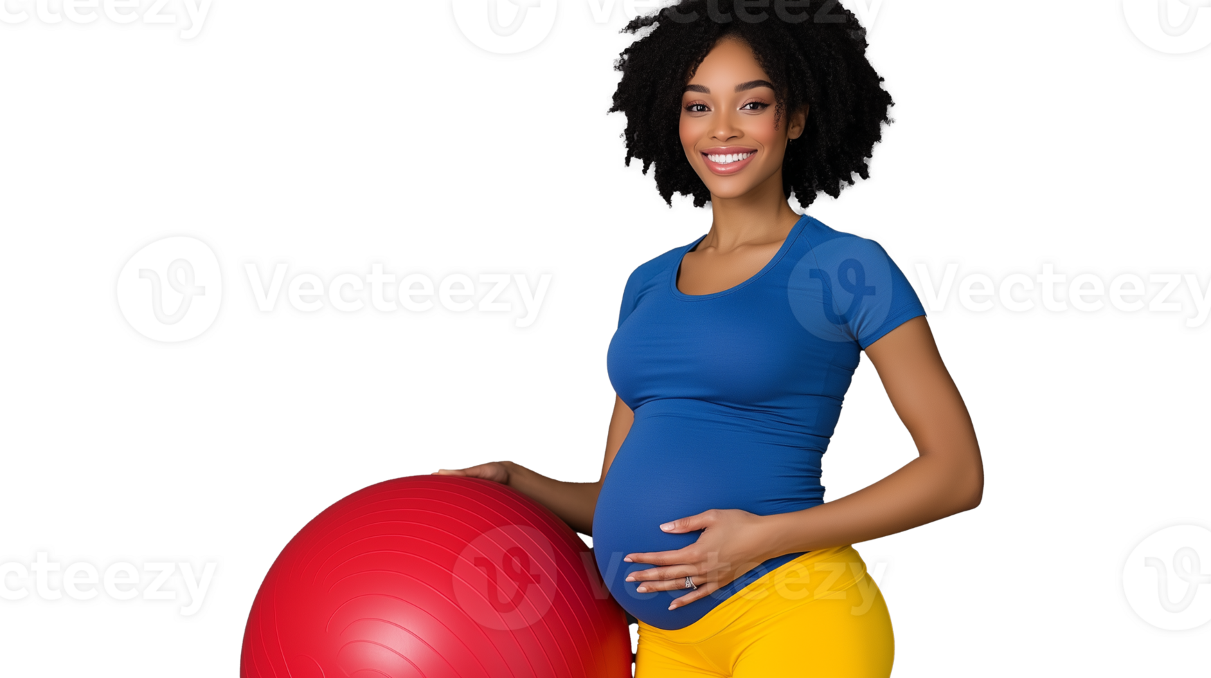Pregnant woman smiling with exercise ball on transparent background png