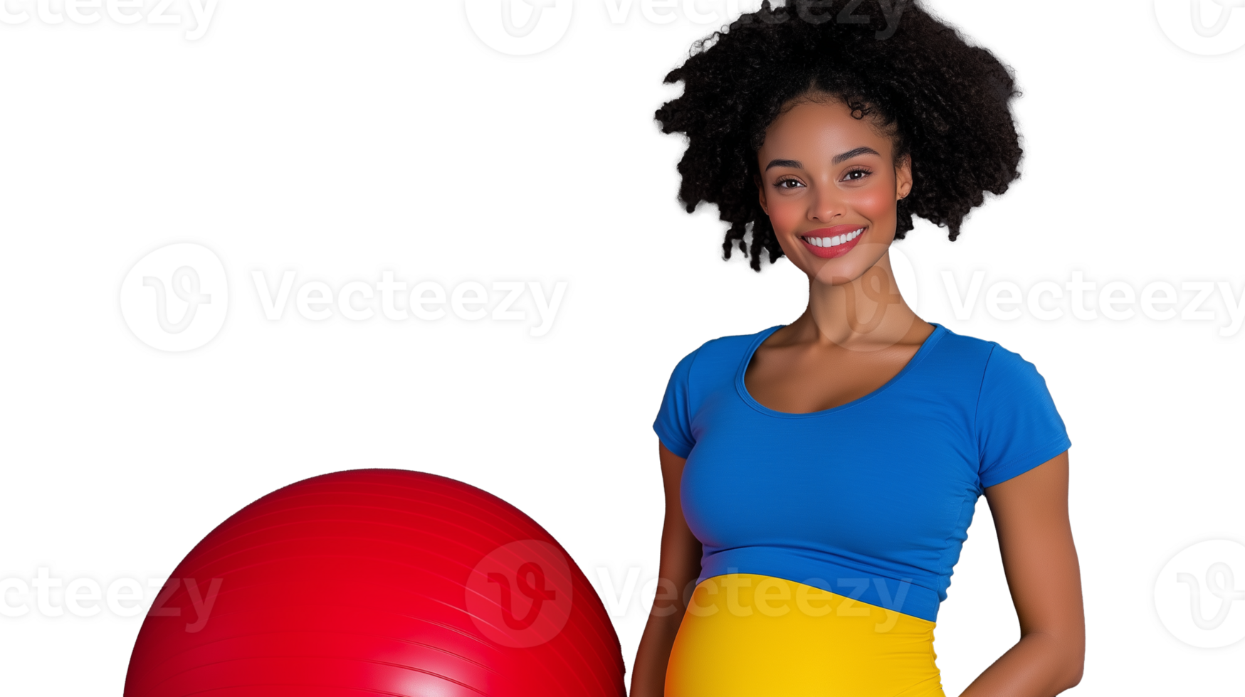 Pregnant woman smiling with exercise ball on transparent background png