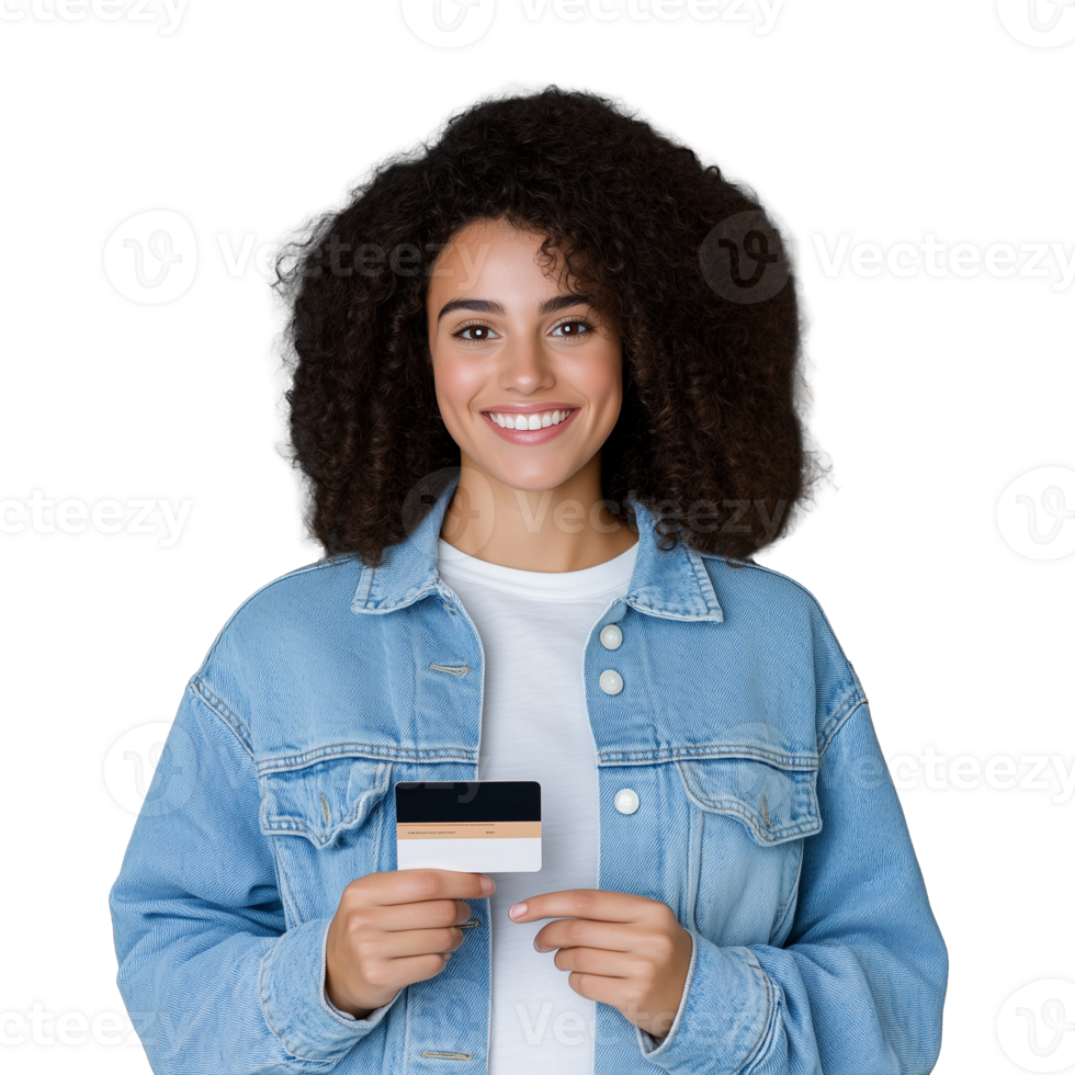 Young woman smiling while holding a credit card on transparent background png