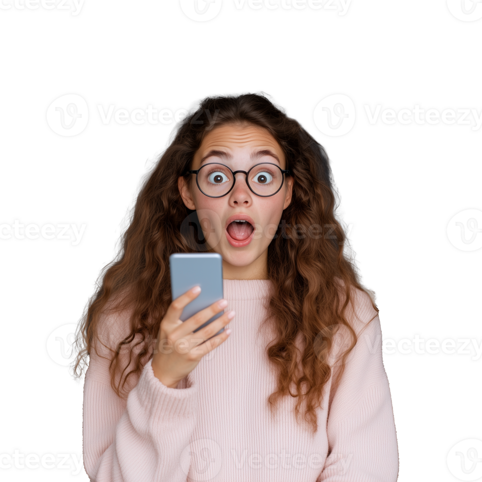 Surprised woman with smartphone on transparent background expressing shock and excitement png