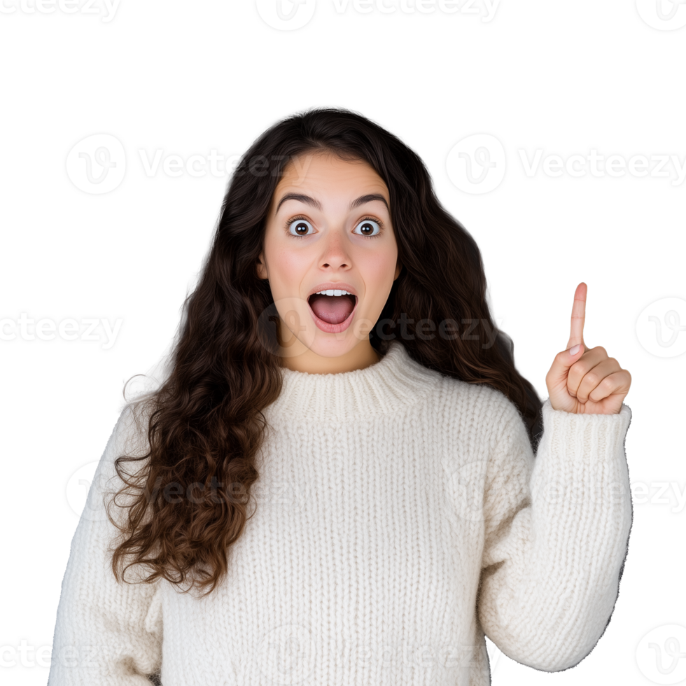 Excited young woman pointing with surprise expression on transparent background png