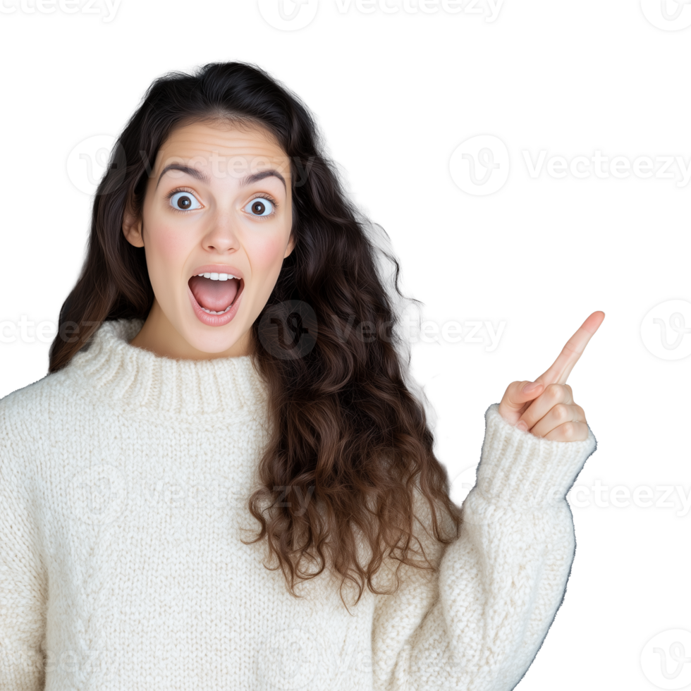 Excited woman in white sweater with surprised expression on transparent background png