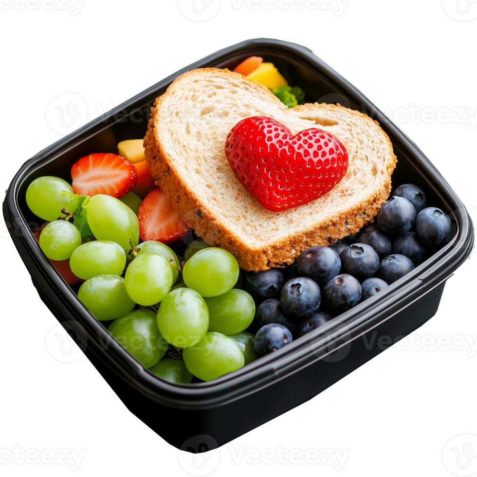 Heart-shaped sandwich with assorted fruits in a container on a transparent background png