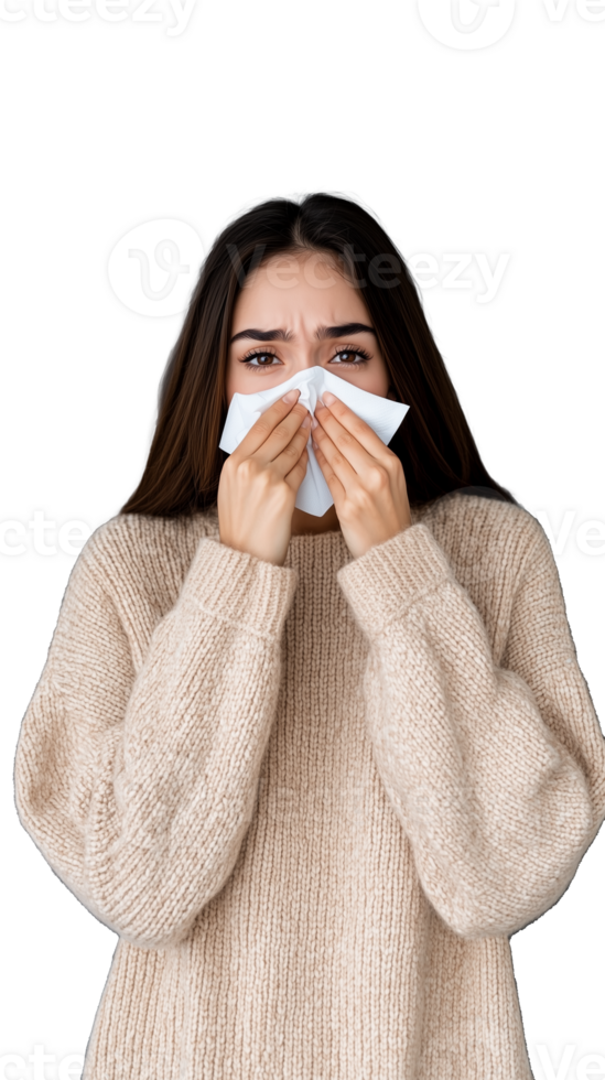 Woman Sneezing with Tissue in Sweater on Transparent Background png
