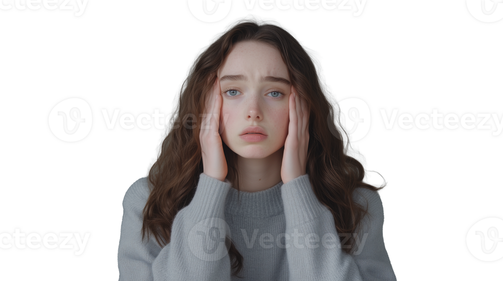 Concerned young woman expressing distress with transparent background png