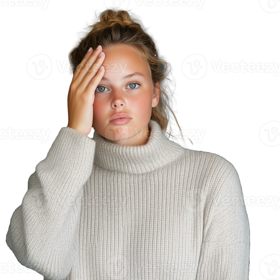 Young woman in cozy sweater with hand on forehead, transparent background png