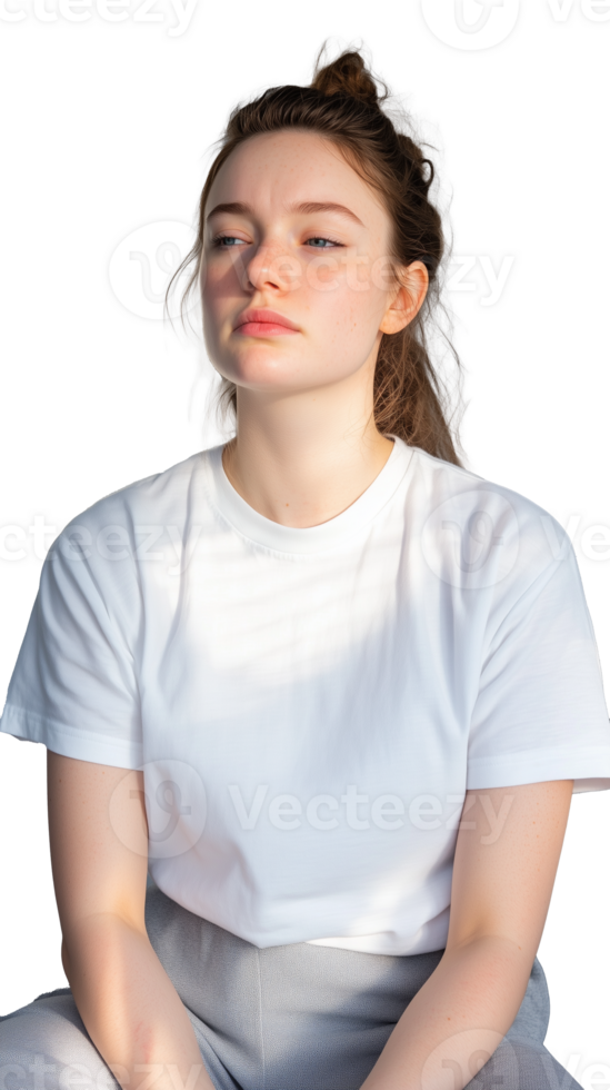 Young woman sitting in natural light with transparent background png