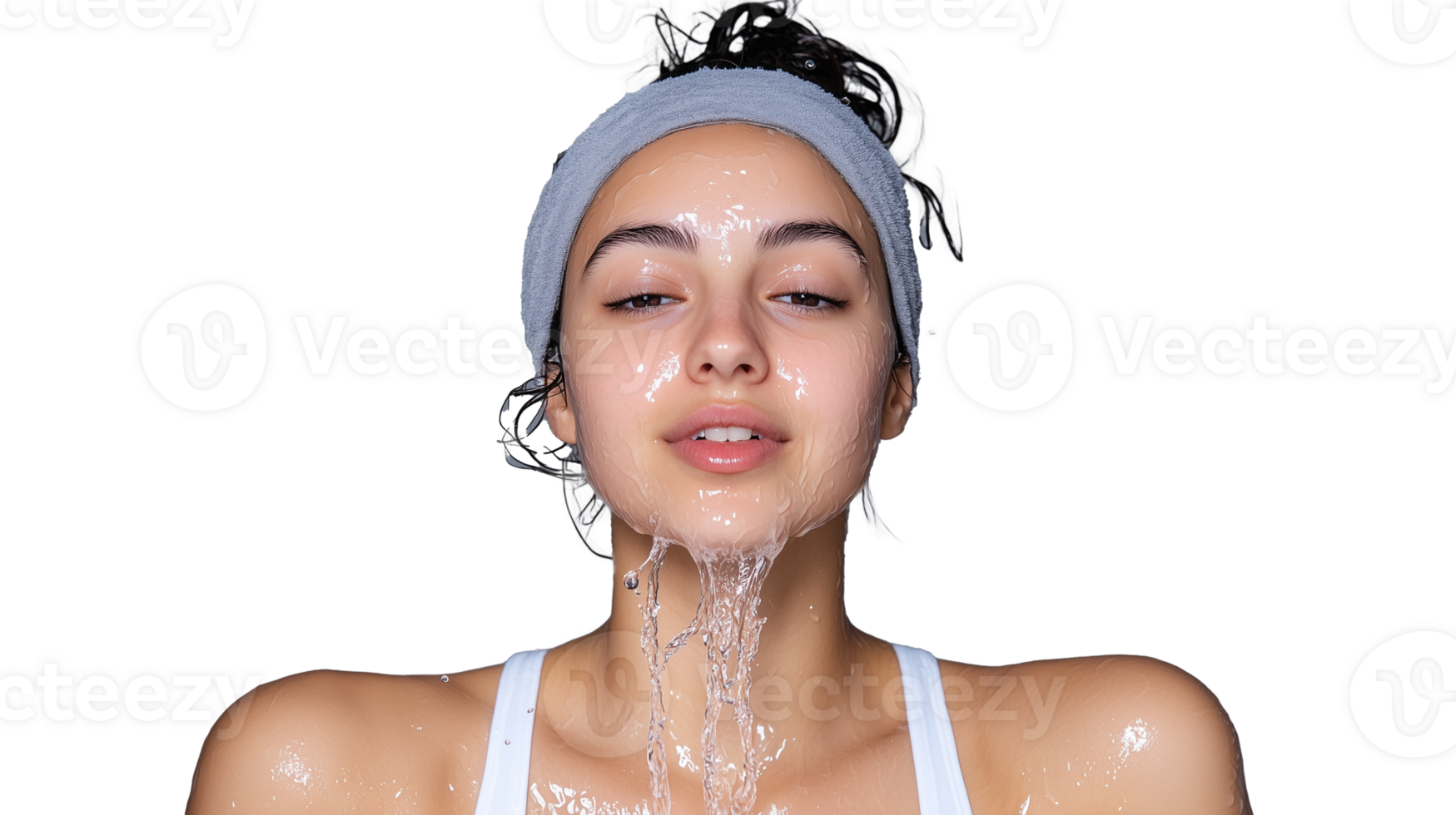 Woman with Water Splashing on Face, Transparent Background, Fresh Look and Natural Beauty png