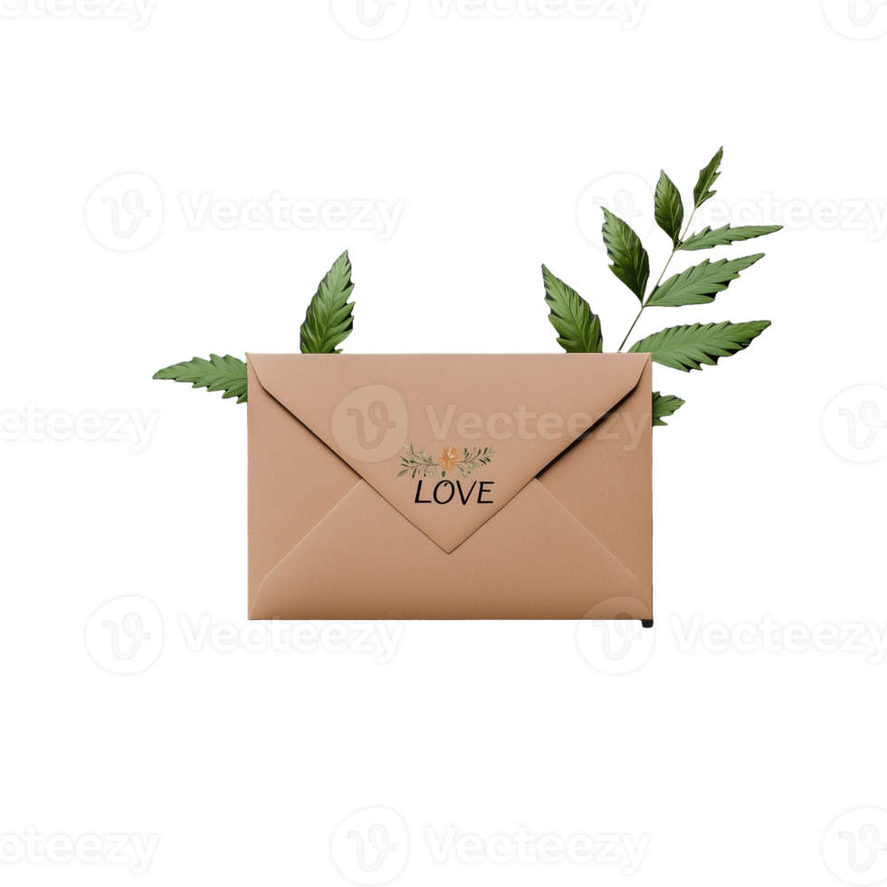 Envelope with Love Design Surrounded by Leaves on Transparent Background png