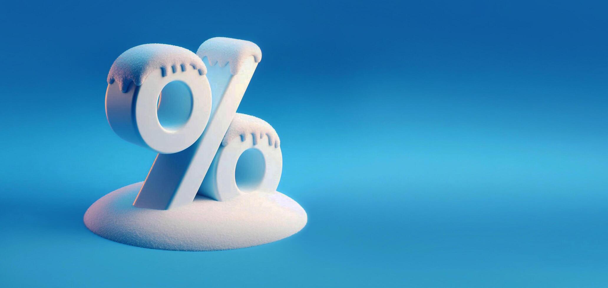 One large white percentage sign under layer of white snow on blue background with space for text photo