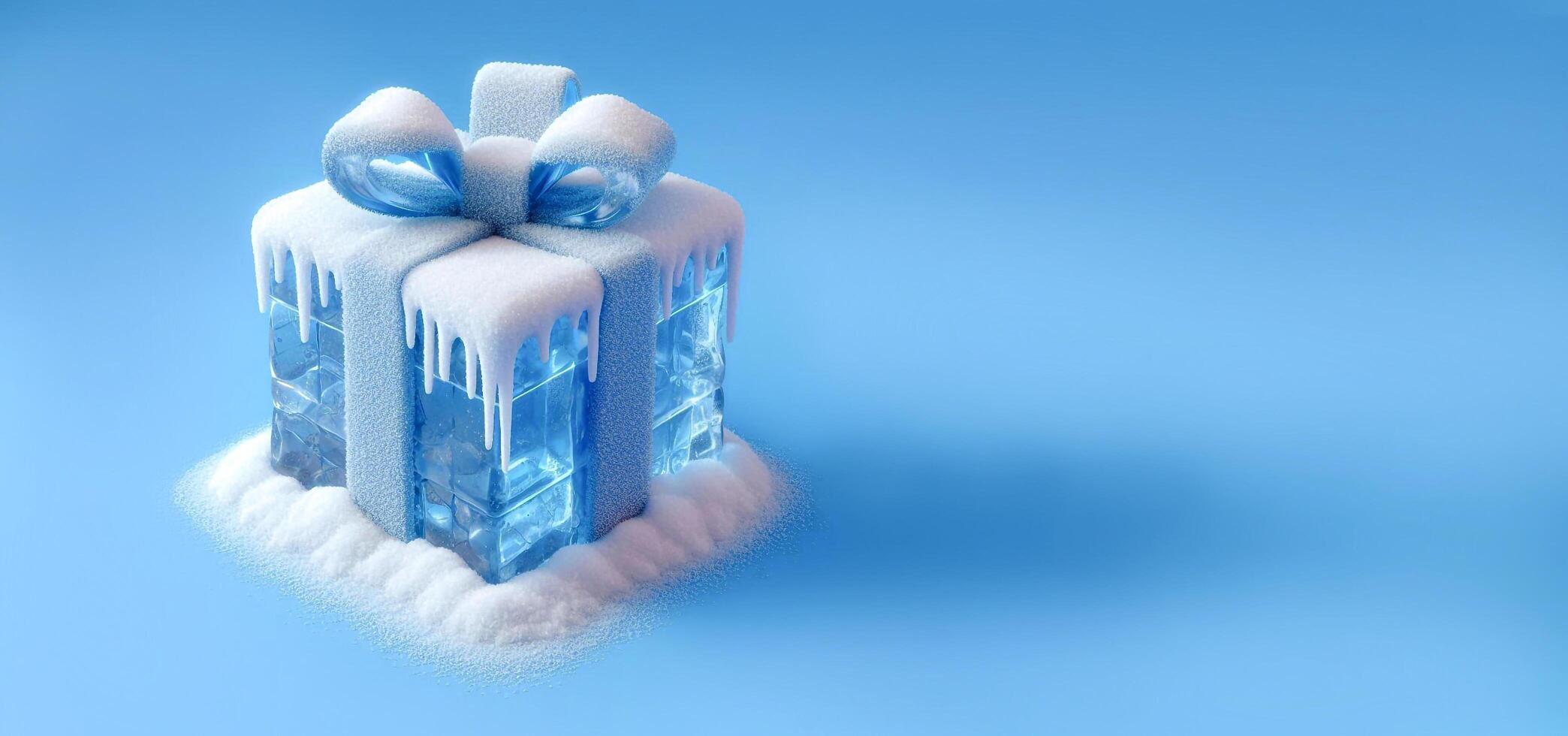 Big square gift made of ice with blue ribbon under layer snow on blue background with space for text photo