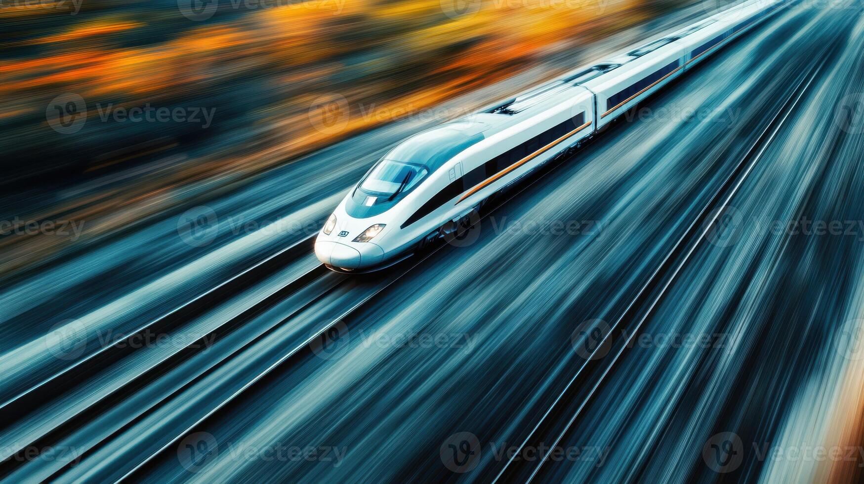 Sleek train on modern track, speed and technology from above. Aerial view train passing through photo
