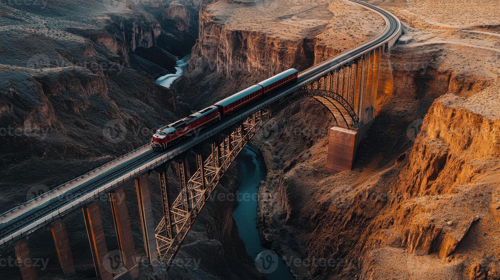 Train on towering bridge, majestic natural landscape from above. Aerial view train passing through photo