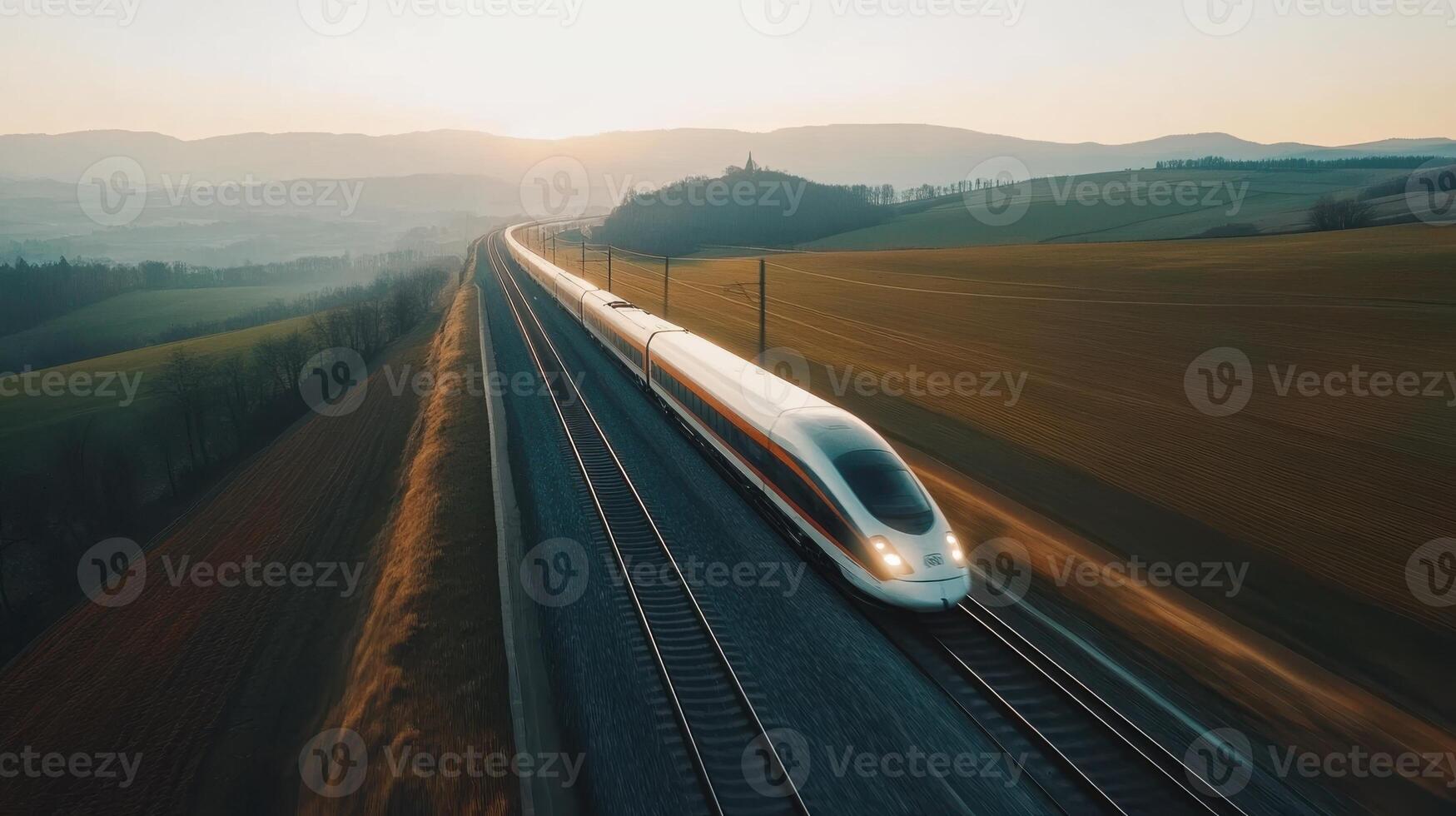 Futuristic railway with high-speed train, dynamic aerial perspective. Aerial view train passing through photo