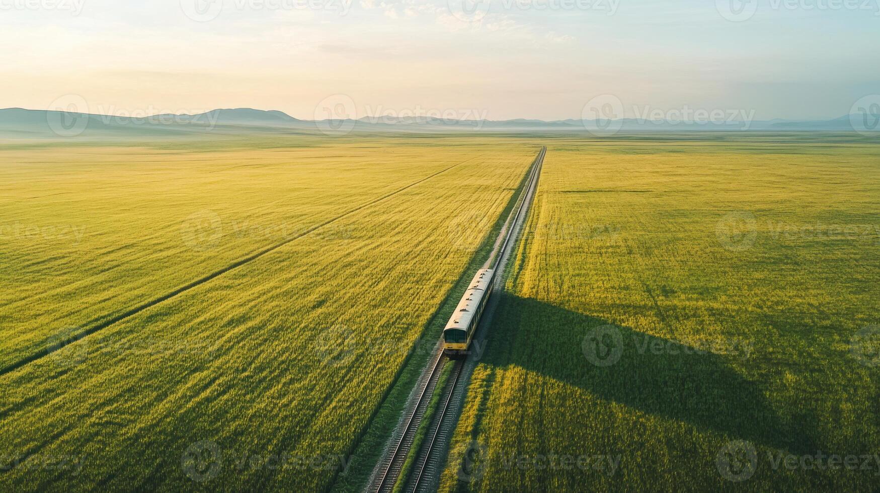 Golden plains and train journey, freedom captured from above. Aerial view train passing through photo