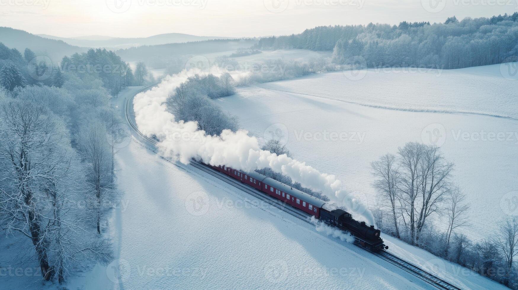 Winter train in frosty landscape, scenic snow-covered aerial view. Aerial view train passing through photo