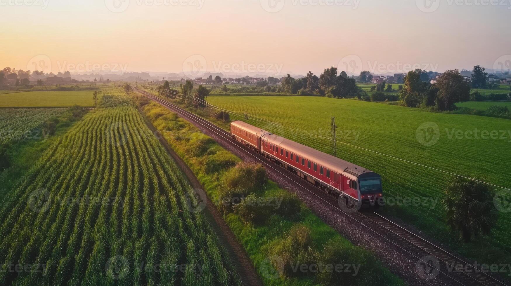 Aerial view of train by villages and fields, tranquil rural setting. Aerial view train passing through photo