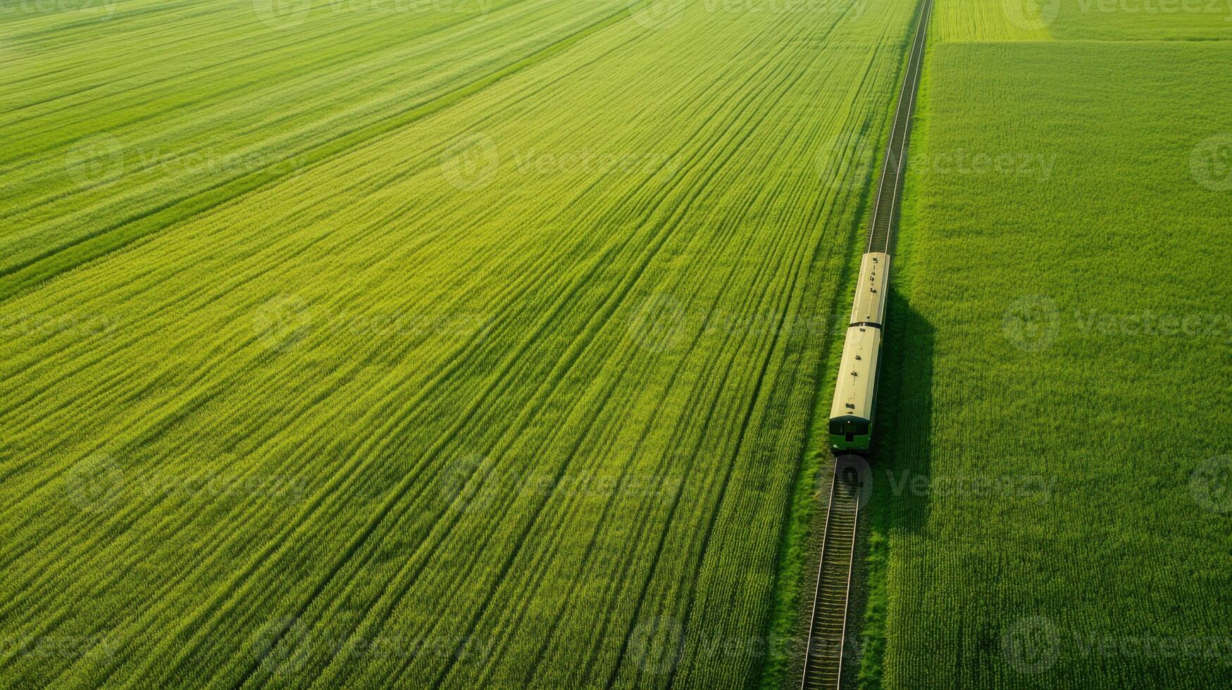 Endless fields with train, aerial view of serene natural expanse. Aerial view train passing through photo