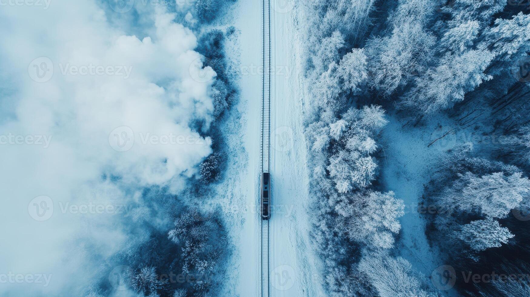 Snowy forest and fields with train, aerial winter travel scene. Aerial view train passing through photo